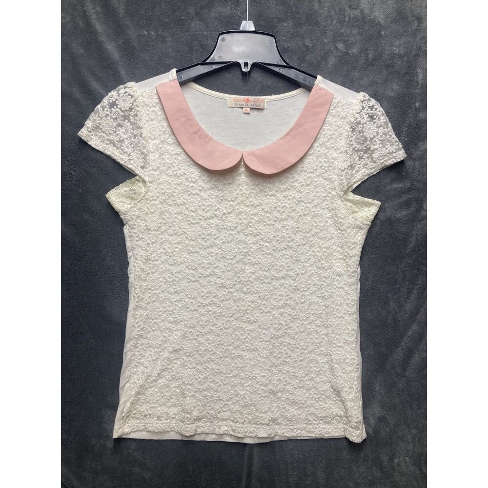 VTG Pink Peter Pan Collar Cream Floral Lace Top XL Coquette Fairy Academia 1950s